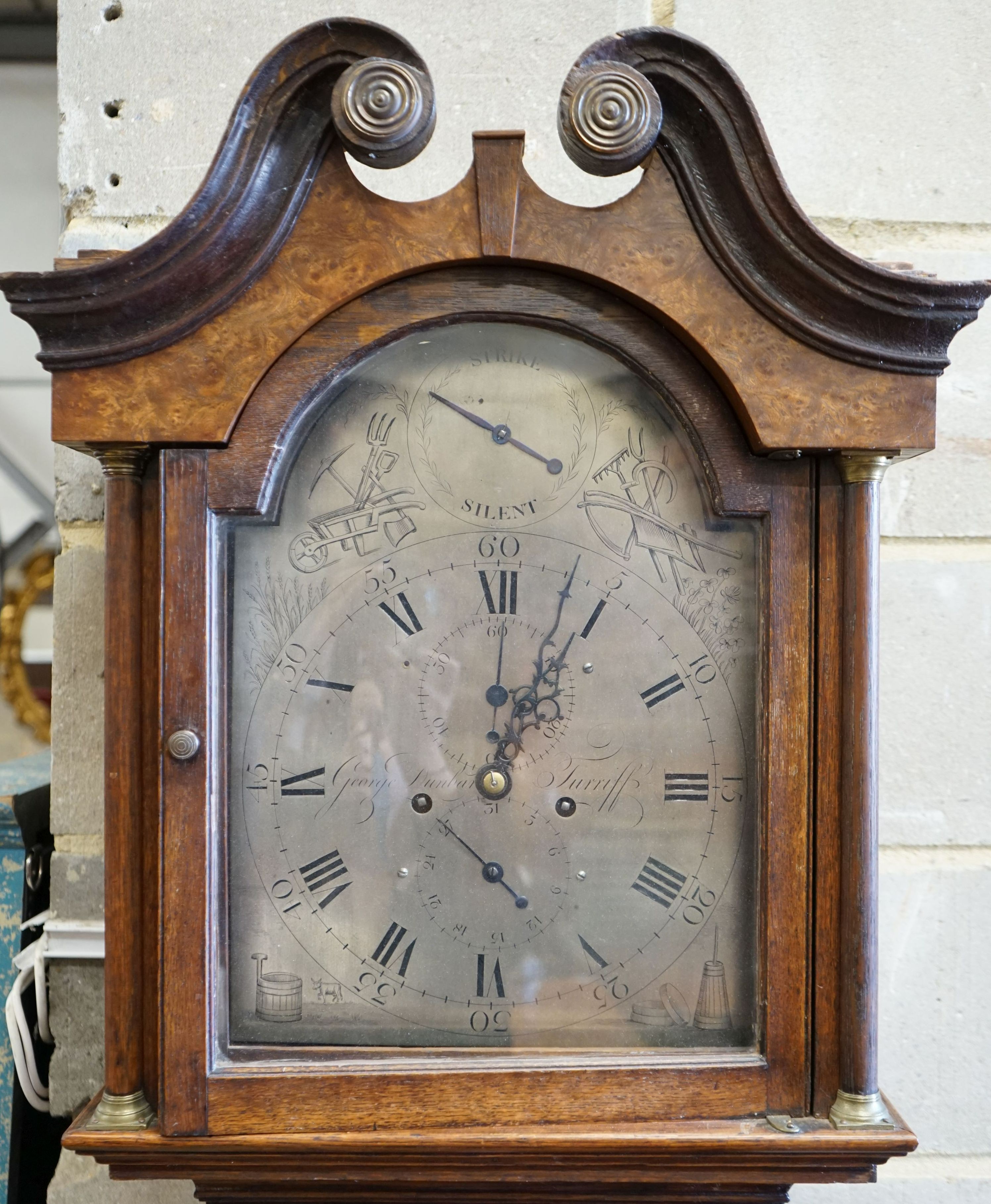A George III and later oak cased 8 day longcase clock, marked George Dunbar, height 207cm